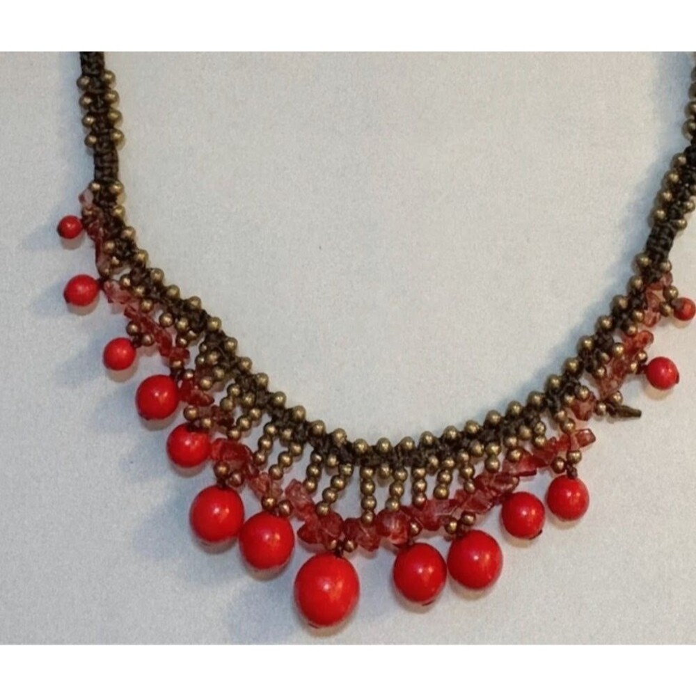 Handmade Knotted Brass Bead Bib Necklace Red Drop Beads Boho Tribal Statement - Picture 2 of 16